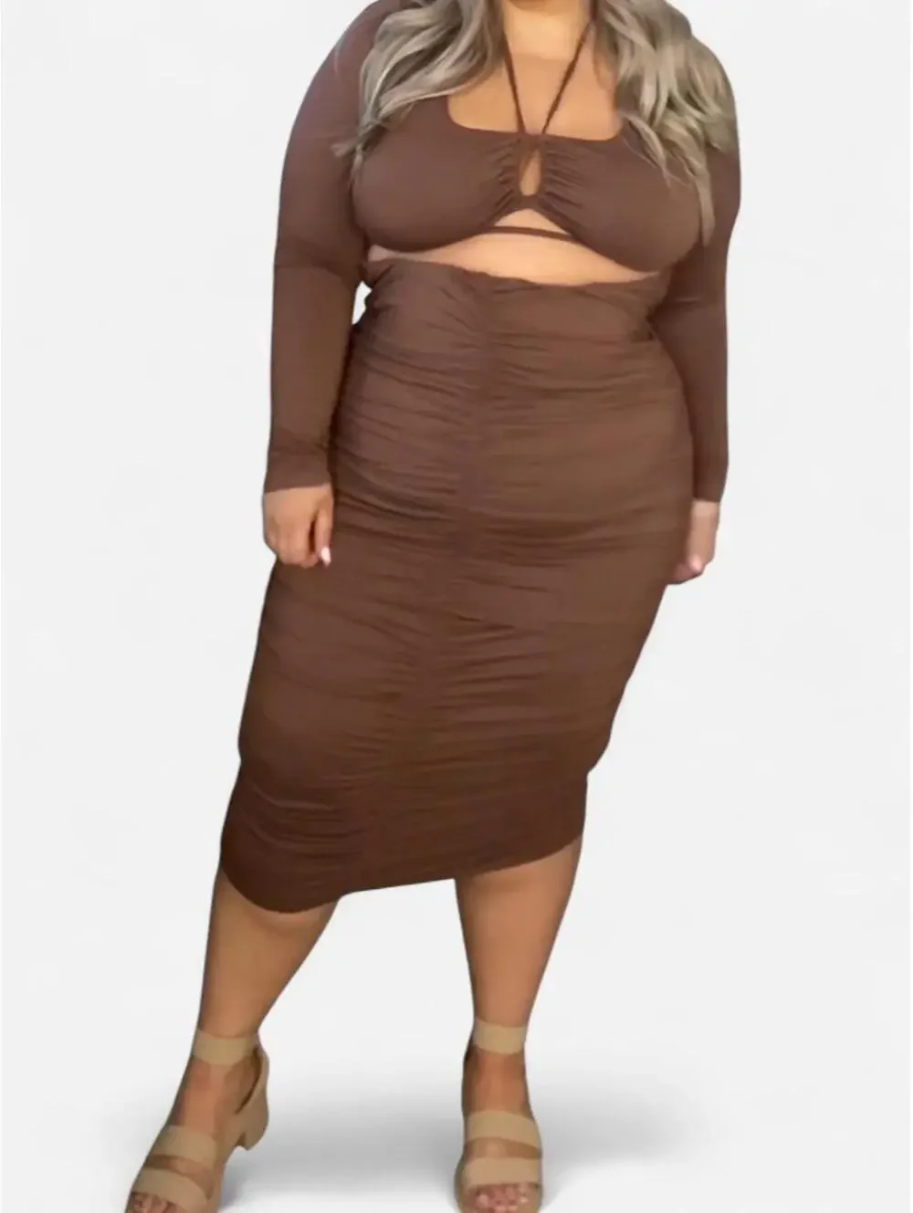 Alana Eve Brown Ruched Cutout 2 Piece Midi Dress Set matching shrug bolero 3X